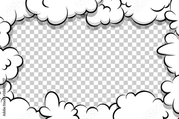 Fototapeta Comic book cartoon speech bubble for text. Cartoon puff cloud template on transparent background for text. Pop art dialog conversation funny smoke steam. Comics explosion symbol.
