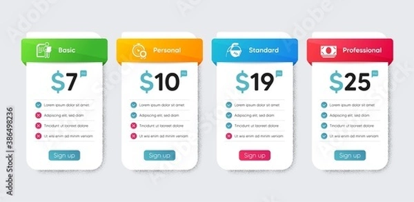 Fototapeta Business icons set. Price table chart, business plan template. Included icon as Job interview, Coffee pot, Best result signs. Cash money flat icons. Cv file, Tea drink, Timer award. Vector