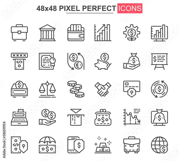 Obraz Business finance thin line icon set. Financial accounting and audit outline pictograms for web and mobile app GUI. Online banking simple UI, UX vector icons. 48x48 pixel perfect pictogram pack.