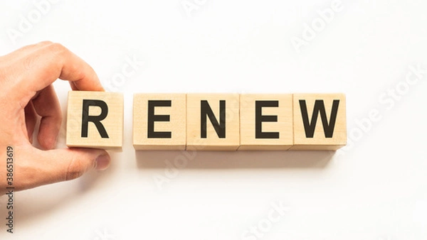 Fototapeta Word Renew made with wood building blocks, stock image