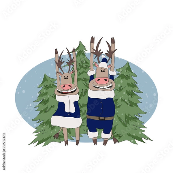 Fototapeta Vector illustration funny christmas deers and trees isolated