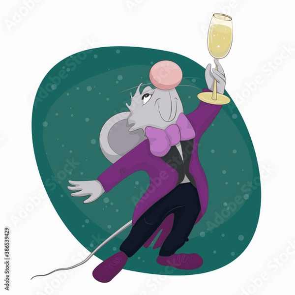 Fototapeta Cute mouse in tuxedo raises a glass of champagne funny vector illustration 