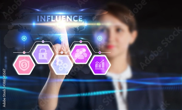 Fototapeta Business, technology, internet and network concept. Young businessman thinks over the steps for successful growth: Influence