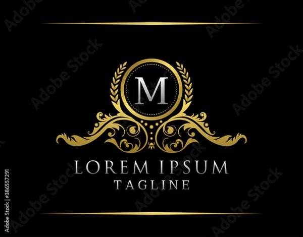 Fototapeta Luxury Boutique M Letter Logo. Luxury Badge Gold design for Boutique, Royalty, Letter Stamp,  Hotel, Heraldic, Jewelry, Restaurant, Wedding.