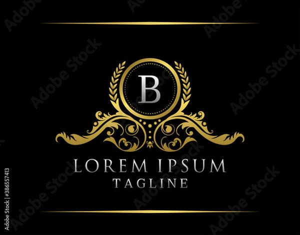 Fototapeta Luxury Boutique B Letter Logo. Luxury Badge Gold design for Boutique, Royalty, Letter Stamp,  Hotel, Heraldic, Jewelry, Restaurant, Wedding.