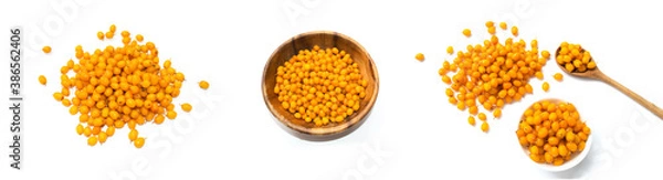 Fototapeta Set of fresh sea buckthorn on a white background. Sea buckthorn in a wooden spoon. From top view