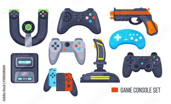 Fototapeta Set game console. Gamepad, playing joystick, video console, joy video games gadgets, wireless gamepad steering wheel. Retro modern devices for gamers gaming consoles vector