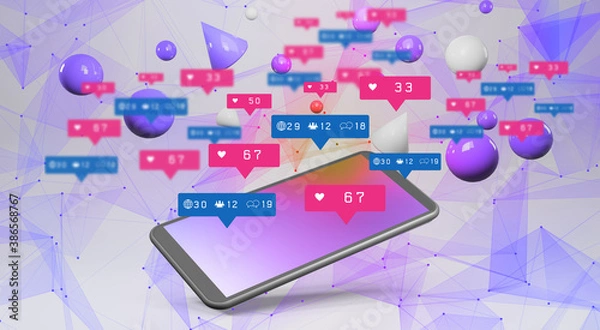 Fototapeta Smartphone with Social media notification icons . 3d rendering