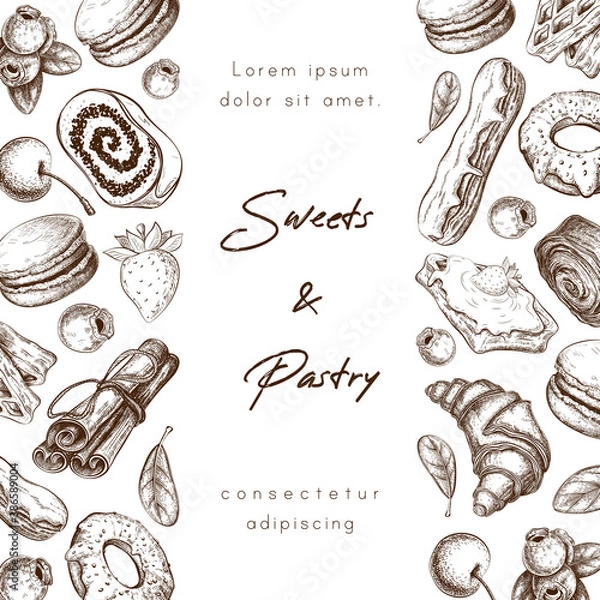 Obraz Bakery or pastry shop banner background or frame with place for text. sweet desserts hand drawn vector illustration. sketch of pastries and berries. poster, menu, package design for cafe or patisserie