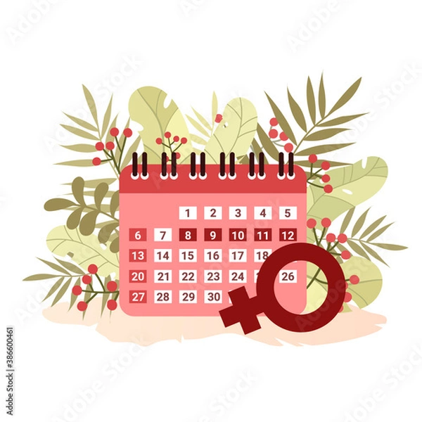 Fototapeta Menstrual Calendar on Leaves Background in Flat Style. Women of period. Cycle control. Vector stock illustration.