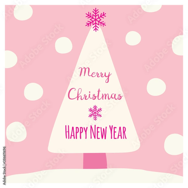 Fototapeta Cute Merry Christmas greeting card with pink lettering on a tree, snow and snowflake illustration. Vector design elements. Great for stickers, labels, tags, and icons.