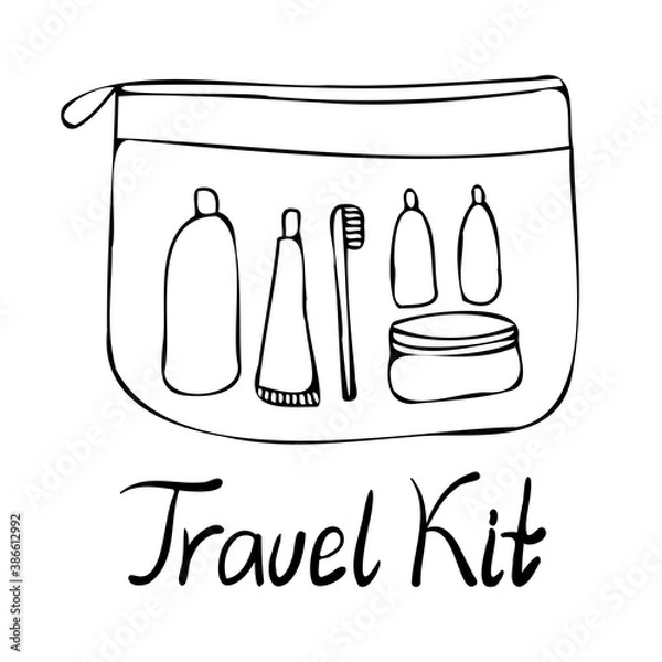 Obraz Isolated black and white set design illustration of lined travelling kit of cosmetics