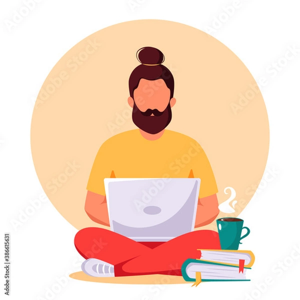 Fototapeta Man working on laptop. Freelance, remote working, online studying, work from home concept. Vector illustration in flat style.