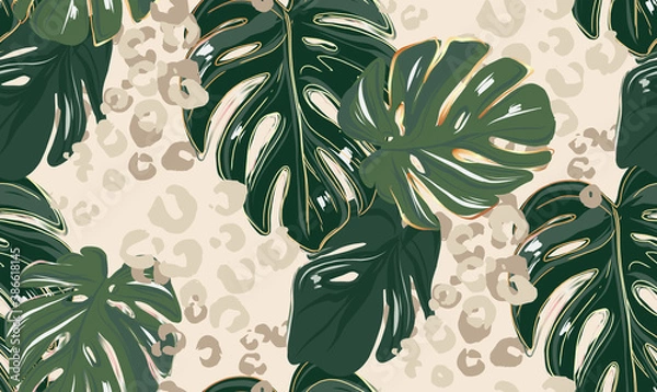 Fototapeta Leopard pattern, animal print seamless design greenery leaves jungle print. Monstera leaf clipart, Leopard natural pattern, cheetah safari decoration. Exotica fabric pattern, floral textile decor