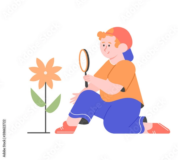 Obraz Cute little boy character school age in a cap with a magnifying glass looks at a flower. Lessons in botany and respect for nature. Exploring the world. Vector flat illustration.