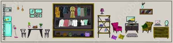 Fototapeta Vector set of isolated images of furniture and household items. All items can be used separately. Refrigerator, lamps, chandeliers, floor lamp, chests of drawers, cabinet, shelf. Interior, furniture. 