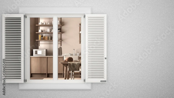 Fototapeta Exterior plaster wall with white window with shutters, showing interior wooden kitchen with table, blank background with copy space, architecture design concept idea, mockup template