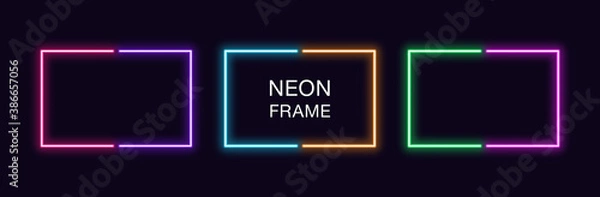 Fototapeta Neon rectangle Frame. Set of rectangular neon Border in 2 outline parts. Vector geometric shape