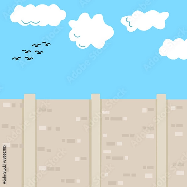 Fototapeta Empty wall with clear blue sky, clouds and flying birds. Clean and minimal design.Vector illustration