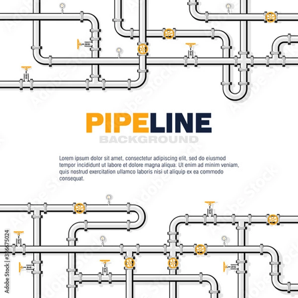 Fototapeta Gas pipeline vector background in flat style. Pipes with taps and gauges.