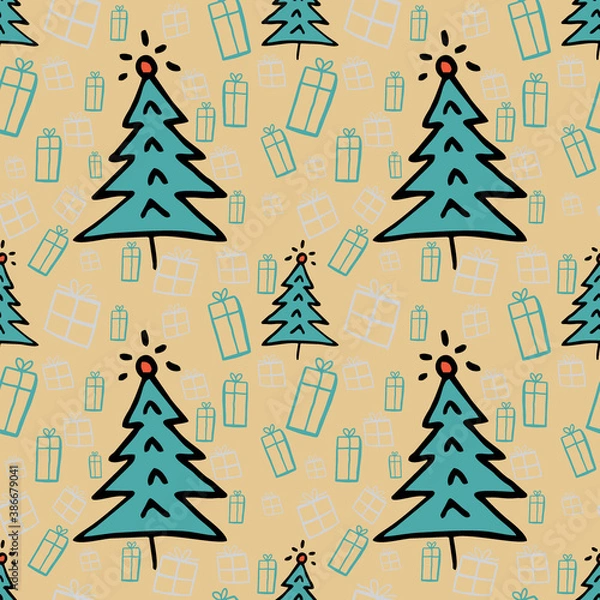Fototapeta Seamless vector of free hands christmas tree on pastel pink background for making many kinds of online and offline media, paper printing or fabric work