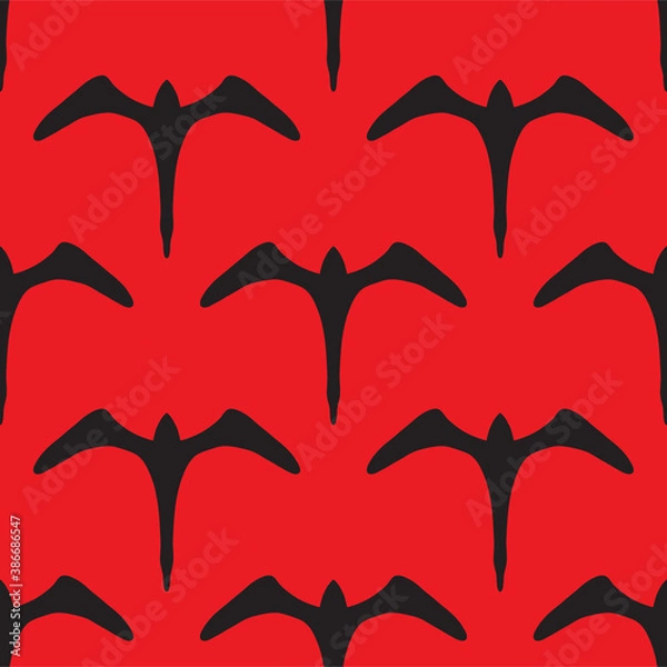 Fototapeta Seamless vector of black flying magpies bird on red background, lucky bird represent happiness