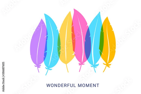 Obraz Vector romantic beautiful illustration of bright color transparent feather and word wonderful on white background.