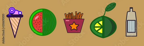 Obraz Vector set of icons on a brown background: Ice cream, watermelon, lime, bottle, French fries