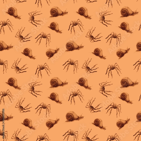 Obraz Seamless pattern with brown spiders and snails on beige background, print for Halloween