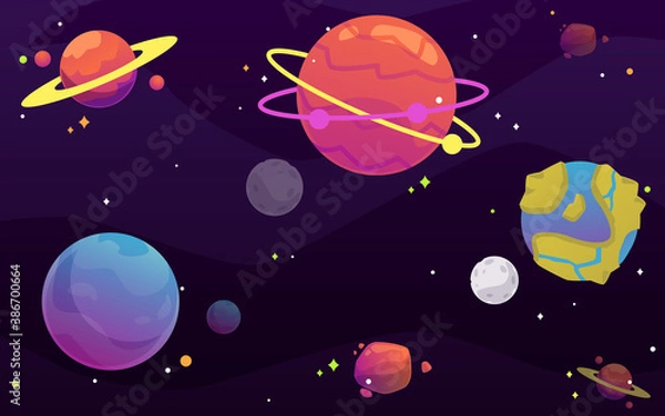 Obraz Fantastic alien planets on a space background a vector cartoon flat illustration