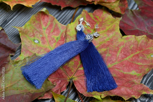 Fototapeta Blue tassel earrings. They lie on the autumn maple leaves. On pine planks in black.