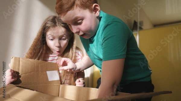 Obraz Happy little sister and brother opening cardboard box and pulling out gift from it while at room. Amazed small girl and boy showing joy and surprise on their faces. Cute children enjoying to present