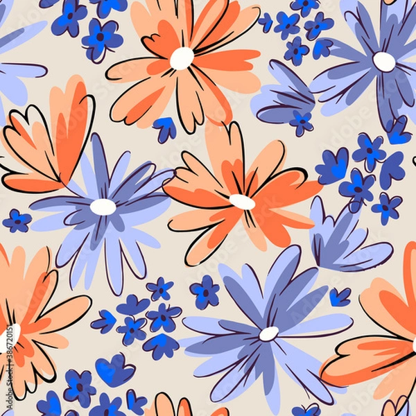 Obraz Seamless pattern with daisies. Mixed small and large blooming flower heads ornament. Bright summer botanical background in modern flat design.