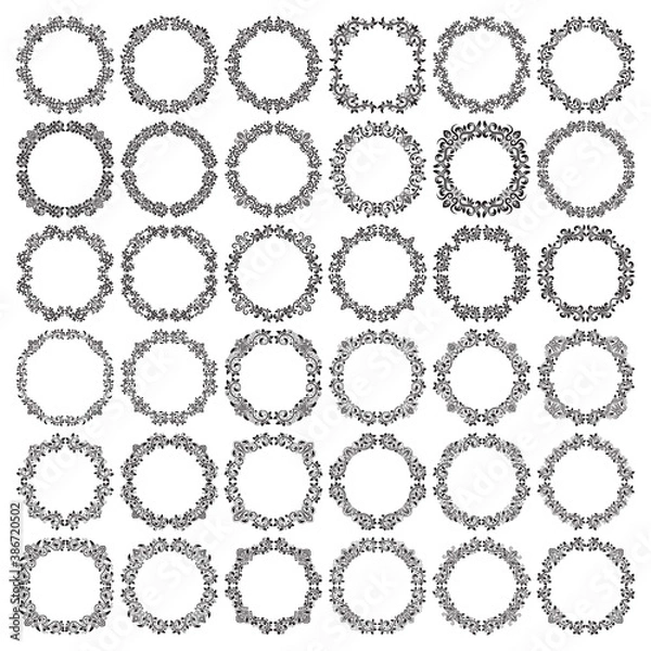 Fototapeta Mega set of vintage patterned round frames. Circular wreaths bundle in victorian style. Vintage floral round frames.