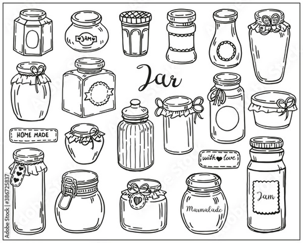 Fototapeta Glass jars for jam and marmalade. Set of empty jars isolated over white background. Vector hand-drawn doodle sketch illustration.