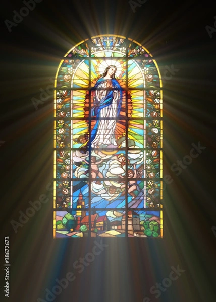 Fototapeta Biblical stained glass with rays of light shining through