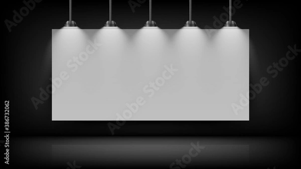 Fototapeta Empty white board mockup on black wall with light bulb on the top, vector illustration