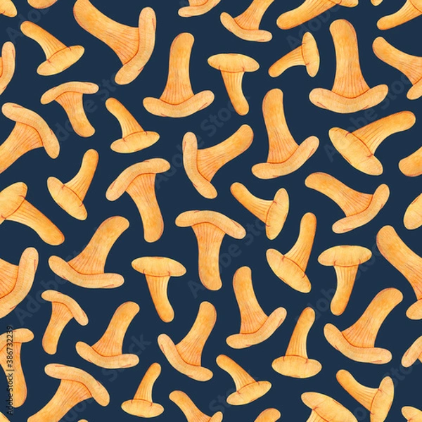 Fototapeta А seamless pattern for home textiles and packaging. Cute orange chanterelle mushrooms on a blue background. Watercolor technique, autumn pattern, hand technique.
