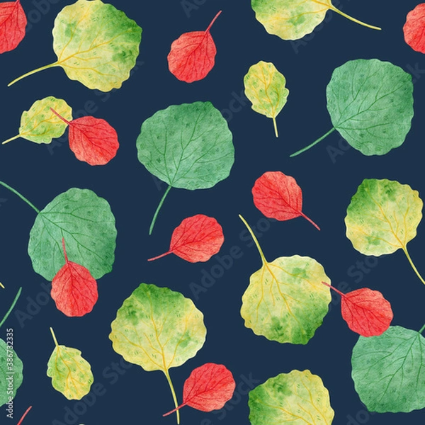 Obraz Seamless pattern for home textiles. Cute green and red leaves on a blue background. Watercolor elements, handmade technique, autumn pattern.