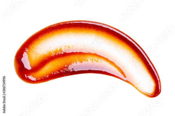 Obraz Close up of smeared drop of barbecue sauce or ketchup isolated on white background with clipping path. Top view.