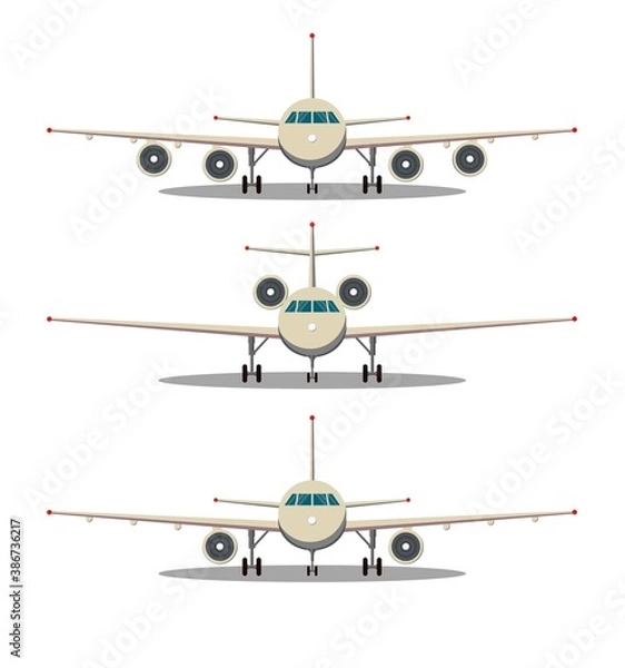 Obraz Airplane front view. Passenger or commercial jet isolated on background. Aircrfat in flat style. Set. Vector illustration