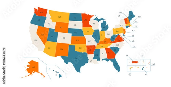 Obraz Colored Political US Map with titles of the states. All USA regions are separated and named in a layer panel.