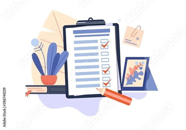 Obraz Checklist, to-do list vector illustration. List or notepad concept. Near office supplies. Decorative large leaves. Business idea, planning. Cock or alarm