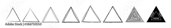 Fototapeta Set of hand drawn pen and pencil black triangle, delta, trigon. Abstract frame sketch on white background. Continuous line art doodle vector illustration