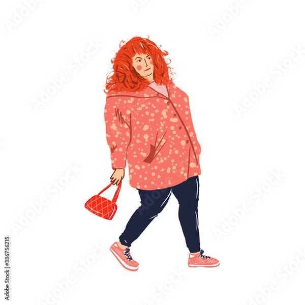 Obraz Funny redhead woman walks in pink coat and blue pants, with red bag in her hand, comic illustration for magazine