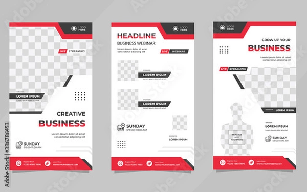 Fototapeta Live webinar social media stories post template. Vector graphics of minimalistic background collection for instagram stories