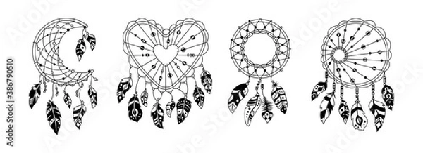 Fototapeta Boho dreamcatcher with feathers black glyph set. Ethnic design, boho chic. Silhouette bird feathers, talisman sweet dream hand drawn. Native American indian design. Ethnic bohemian vector