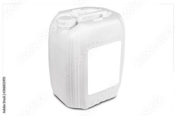 Fototapeta Blank plastic canister isolated on white background. There is a place to insert a label. Side view.
