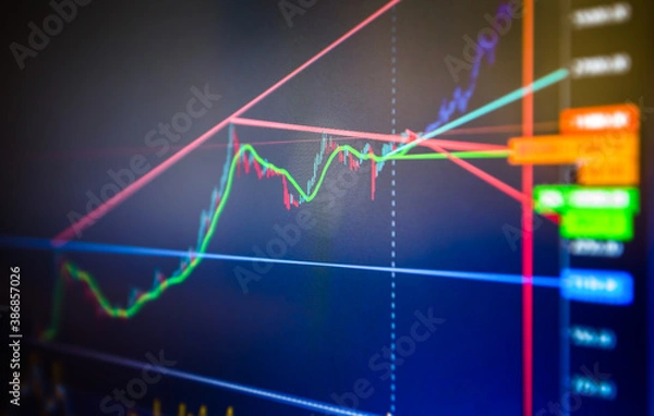 Fototapeta Close-up of a monthly chart growth on the stock exchange or forex trading platform.