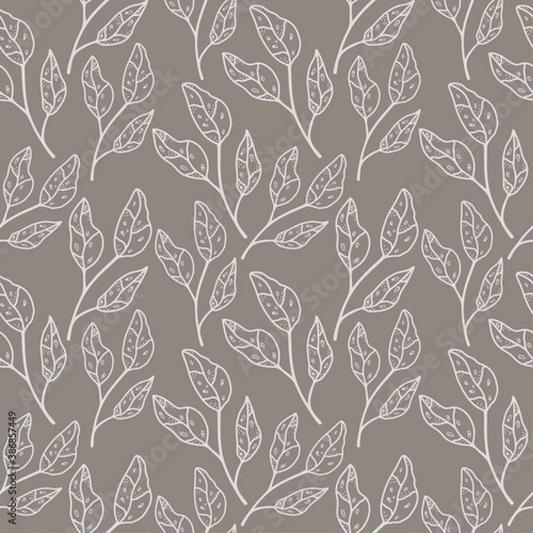 Fototapeta Seamless pattern with hand drawn twig, grass on a dark background. Doodle, simple outline illustration. It can be used for decoration of textile, paper and other surfaces.
